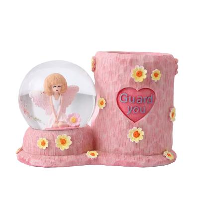 China Creative Luminescent Pencil Holder Cartoon Angel Girl Crystal Ball Pen Holder Storage Box Decoration Snow Water Ball Student Pen Holder for sale