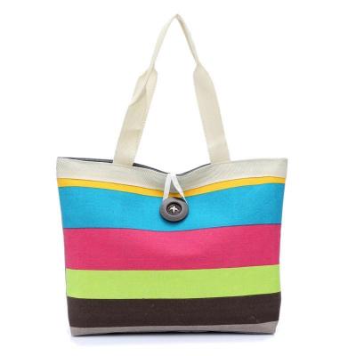 China Factory Logo Recyclable Custom Durable Zipper Colored Summer Ladies Striped Ladies Handbag Canvas Lady Canvas Beach Tote Bag/Washable for sale