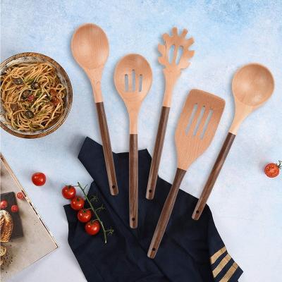 China 12 Inch Beech Wood Long Stick Cookware Tools Long Liveable Cookware Unset For Cooking Spatula Fork Slotted Turner Corner Spoon 5 Set for sale