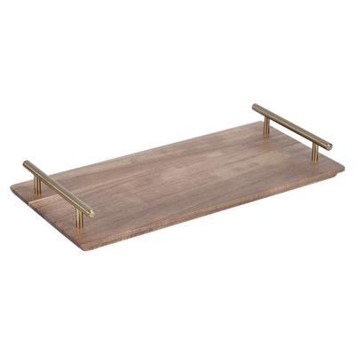 China Eco-friendly luxury acacia wood rectangle serving trays with metal handle for sale for sale