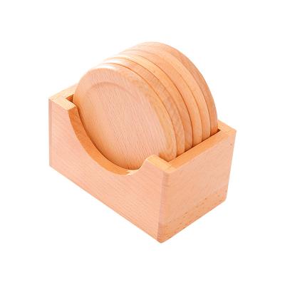 China Beech Wood Sustainable Round Coaster Set With Box Holder Wood Coffee Cup Coasters for sale