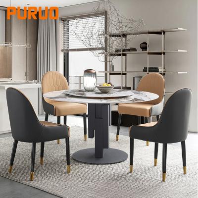 China PURUO Modern Luxury Convertible Dining Room Furniture Painted Tempered Glass Round Dining Table Steel Marble Top Set for sale