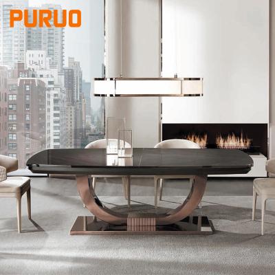 China PURUO Convertible Luxury Modern Designs Banquet Wedding Rectangular Glass Stainless Steel Base Marble Dining Table for sale