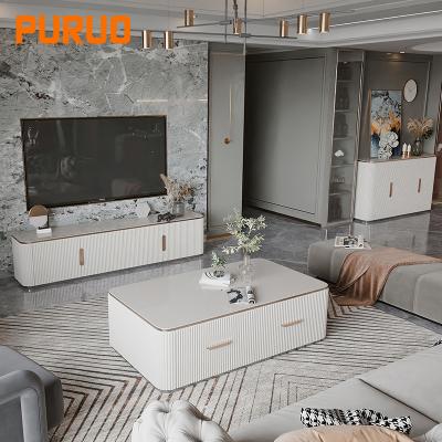 China New Design PURUO Furniture Luxury Diamond Mirrored Living Room Wooden Marble Top Glass Top Modern Coffee Table for sale