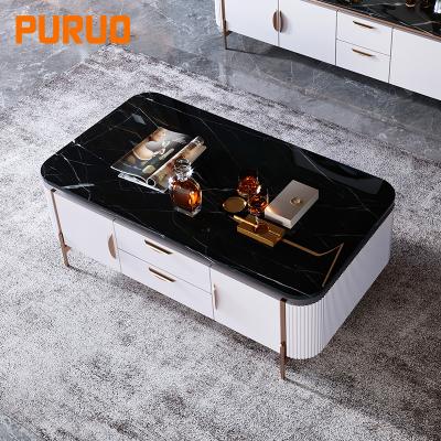 China New Design PURUO Living Room Furniture MDF Stainless Steel Glass Wooden Marble Coffee Table for sale