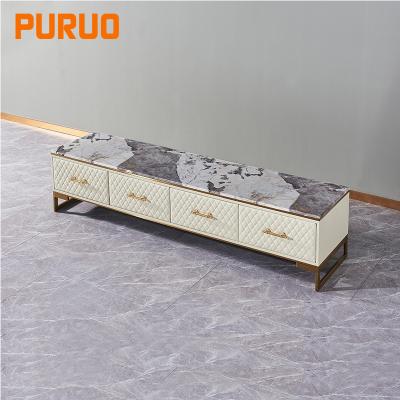 China Luxury New Design PURUO Office Furniture MDF Kitchen Cabinet Modern Leather Marble Stainless Steel TV Stand for sale