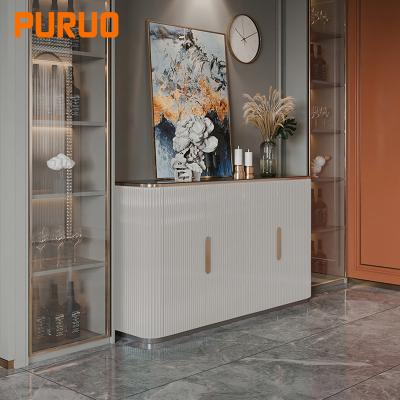 China New Design PURUO Luxury Stainless Steel MDF Gold Wood Mirrored Marble Console Table Living Room Furniture for sale