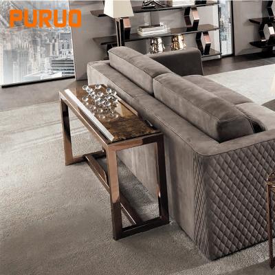 China New Design PURUO Low CBM Stainless Steel Gold TV Mirrored Luxury Marble Console Table Entry Hallway Cheap for sale