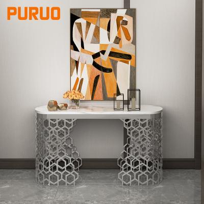 China Hot Sale PURUO Luxury Modern Italian Mirrored Sliver Stainless Steel Tempered Glass Marble Console Tables for sale