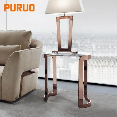 China PURUO New Design Living Room Modern Luxury Glass Mirror Metal Gold Corner Marble Sofa Bed Side Table for sale