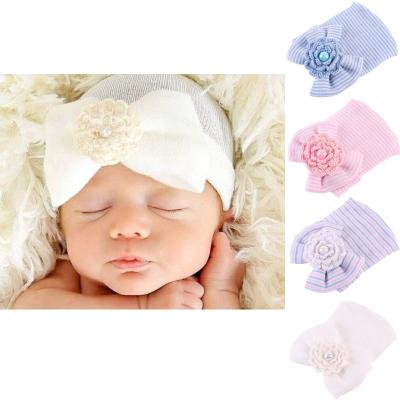 China Newborn Soft 100% Cotton Hat Hood With Big Bowknot Cute Flower Bow Autumn Winter Knitted Baby Headwear Boy Girl Striped PH0054 for sale