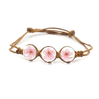 China New Arrival Real Flower Glass Bracelet 3 Vintage Dry Handmade Leather Ball Leather Adjustable Braided Rope Bracelet for sale