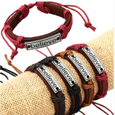 China Alloy Bracelet Vintage Ethnic Leather Punk Rock Strap Bracelet Bangle HOPE FAITH BELIEVE KIB10 for sale