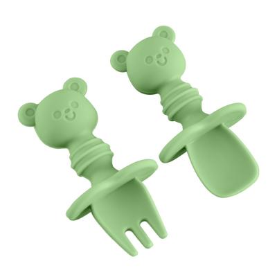 China Casual Bear Train Food Grade Silicone Training Toddler Feeding Spoon Cutlery Set Soft Silicone Tip Baby Spoon and Fork Set for sale