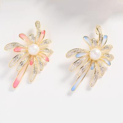 China Hot Sale Modern Crystal Diamond Pearl Brooch Luxury Accessories For Women Party Ornaments Enamel Fireworks Lapel Pins Costume Brooch for sale