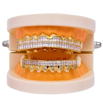 China Real Brass Hip Hop Halloween Cosplay 18k Gold Plated Ice Out VVS Grid Custom Moissanite Diamond Grillz For Teeth for sale