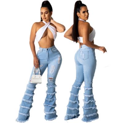 China Bell Bottom QUICK DRY Wide Leg Washed Holes Stitching Stretch Denim Flare Pants Plus Size Denim Pantalon Femm Womens Jeans for sale