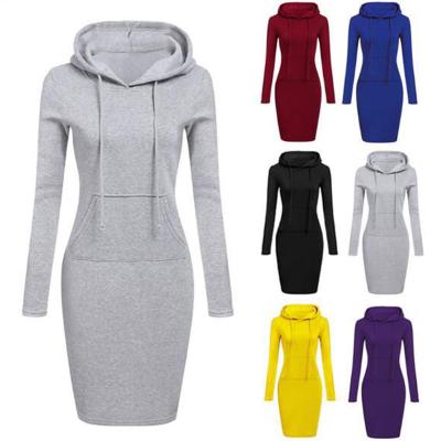 China Lady's Hot Sale Anti-wrinkle Women's Sweatshirt Hooded Pocket Solid Color Knit Autumn Winter Women Hoodie Dress plus size long sleeve dresses for sale