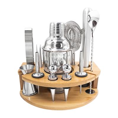 China 750ML Modern Stainless Steel Wine Mixer Kit Standing Bar with Rotating Bamboo Base for sale