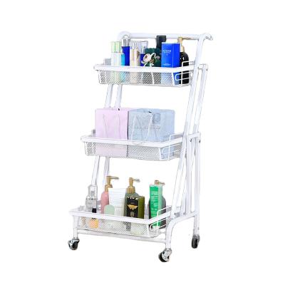 China Practical 3-Layer Folding Food Service Trolley Shelf Kitchen Wire Metal Household Cart Storage Practical Rolling Rack for sale