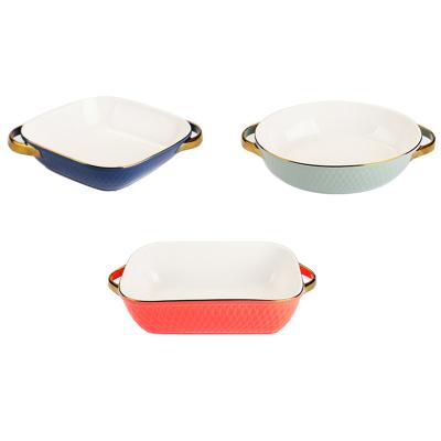 China Gold Sustainable Creative Handle Microwave Oven Use Ceramic Baking Tray Bakeware for sale