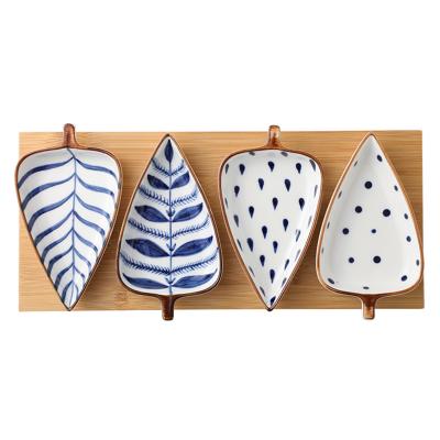 China Viable Porcelain Small Leaf Shape Wooden Tray Ceramic Serving Snack Appetizer Fruit Dish Dessert Sauce Dish Sets for sale