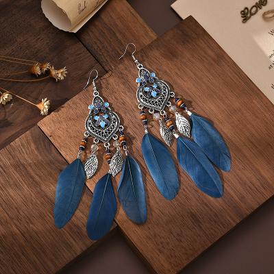 China BOHEMIA Large Tassel Feather Earrings Women Vintage Water Drops Beaded Stunning Boho Jewelry for sale