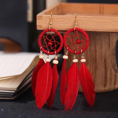 China Bohemia Bohemia Summer Bohemia Feather Wood Women's Dreamy Coffee Catcher Drop Dangle Earrings Handcrafted Jewelry for sale