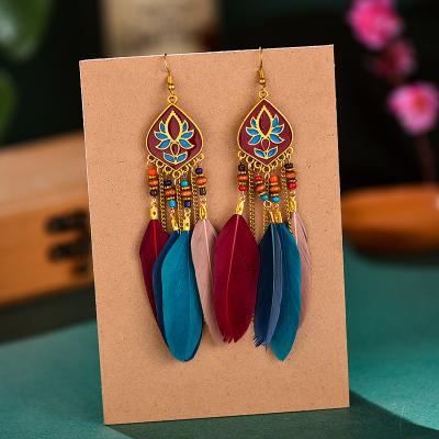 China Wholesale BOHEMIA Natural Bohemian Beads Feather Earrings For Women Wedding Drop Dangle Leaf Boho Jewelry for sale