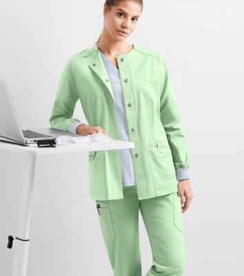 China Women's High Quality Breathable and Comfortable Reusable Split Cotton Scrubs Top Coat 65/35 Long Sheathed Break Front Scrub Jacket Poly/Cotton 2-Pocket for sale