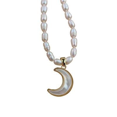 China Rice Romantic Natural Freshwater Pearl Necklace With Shell Moon Charm Pendant Necklace Women Handmade Jewelry Gifts for sale