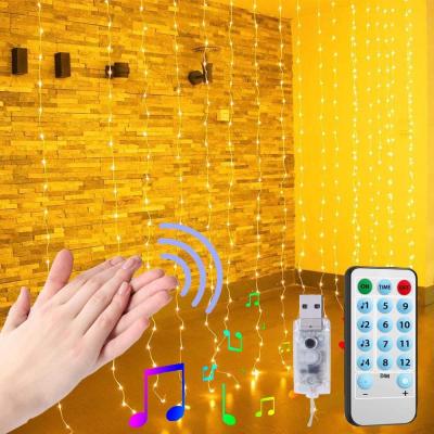 China 3*3m Bedroom USB LED Curtain String Lights Music Modes 8 Sound Functions Remote Controller For Holiday Party Window Decoration Lights for sale