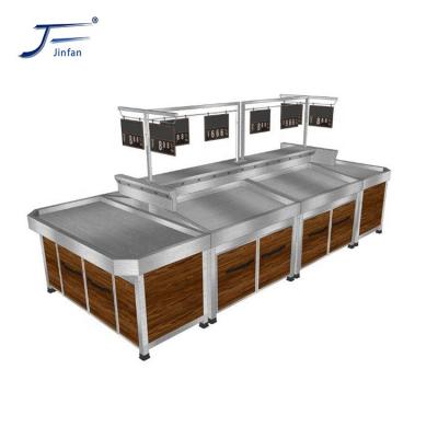 China Double sided the best stainless steel supermarket vegetable and fruit display rack with wooden decoration for sale