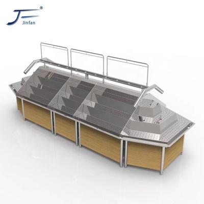 China Double sided best supermarket stainless vegetable and fruit display rack with wooden decoration for sale