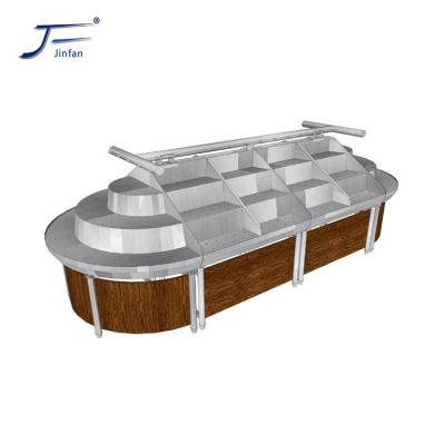 China Double sided the best supermarket vegetable and fruit display rack with wooden decoration for sale