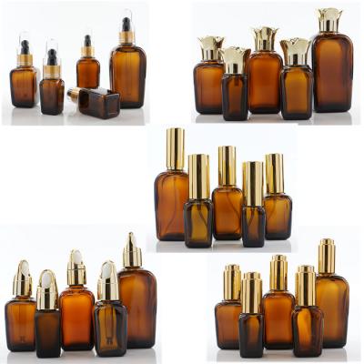 China 30ml vierkante Amber Glass Lotion Bottles Jars voor Roomserum Verpakking Te koop