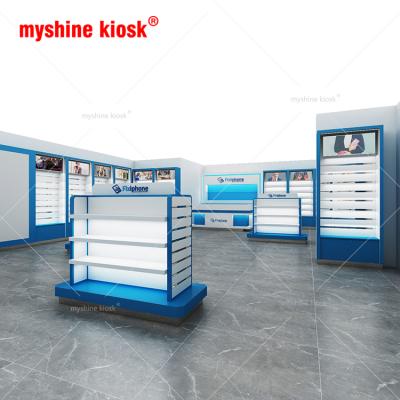 China Mobile phone accessories show mobile phone accessories display rack slat wall shelf mobile phone shop interior design for sale