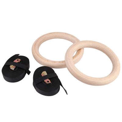 China Professional Durable Wooden Fitness Gymnastic Rings With 15ft Adjustable Buckle Straps for sale