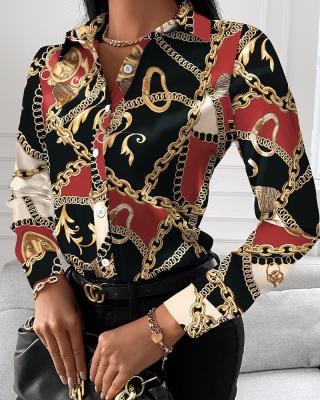 China Factory Directly Wholesale Women's Breathable Long Sleeve Fashion Chain Print Shirt Button Blouse for sale