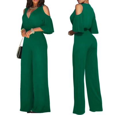 China Factory Supply Attractive Price 5 Colors Viable V Neck Cut Out Sleeve Design One Piece Jumpsuit Woman for sale