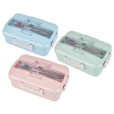 China Portable Plastic Straw Sustainable Lunch Box Japanese And Korean Three-compartment Sealed Lunch Box For Students for sale