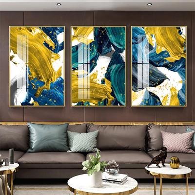 China Nordic Blue Art Living Room Hotel Decor Colorful Crystal Porcelain Painting Waterproof Abstract Gold Aluminum Wall Canvas Print Poster for sale