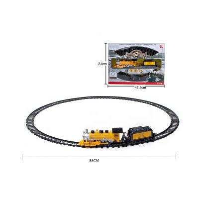 China Plastic OEM Customized High Set Plastic Yellow Color Carryover Railway Train Set Toys With Sound And Light For Children Use 4*AA Batteries for sale