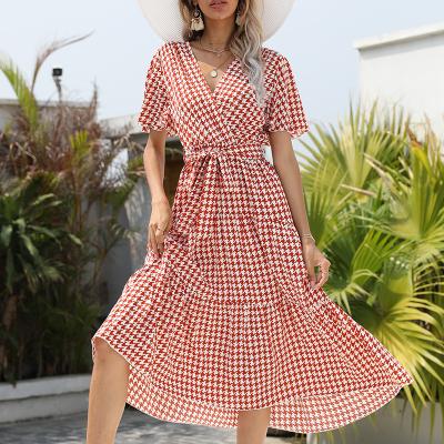 China 2021 Summer High New Plaid Skirt V-Neck Anti-static Mid Length Waist Skirt Vestido Women Elegant Casual Dresses for sale