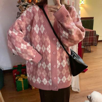 China Loose V-Neck Diamond Contrast Large Anti-Wrinkle Coat Cardigan Sweater Coat Halloween Cardigan Top for sale