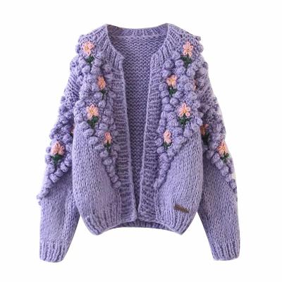 China Pom Pom Women's Autumn Winter Boho Jumper Loungewear Open Stitch Cardigan Handmade Crochet Knits Anti-wrinkle MosiMolly Flower Cardigan for sale