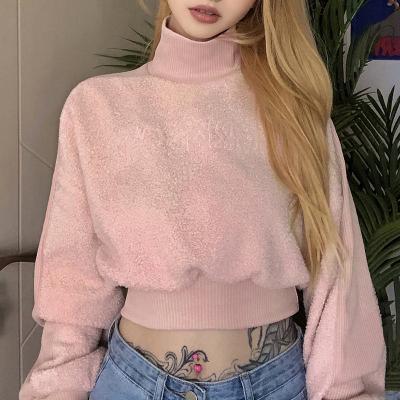 China New fashion plush women's long sleeve mock neck crop sweatshirt for sale