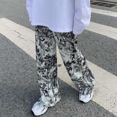 China Anti-wrinkle ie dye print wide leg pants women street wear fashion oversize pants aesthetic hippie high waist for sale