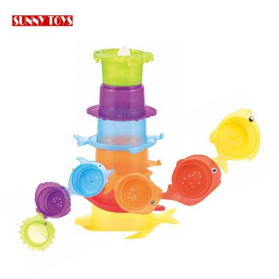 China 18M+ Beach Baby Educational Set Stacking Tower Cups Stacking Toy Transparent Fish Animal Stacking Cups For Sale for sale