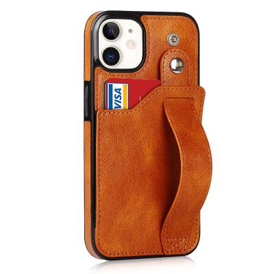 China Shockproof Leather Case For iPhone 13 Pro Max PU Leather Phone Case With Wrist Card Holder Case 12 Mini for sale